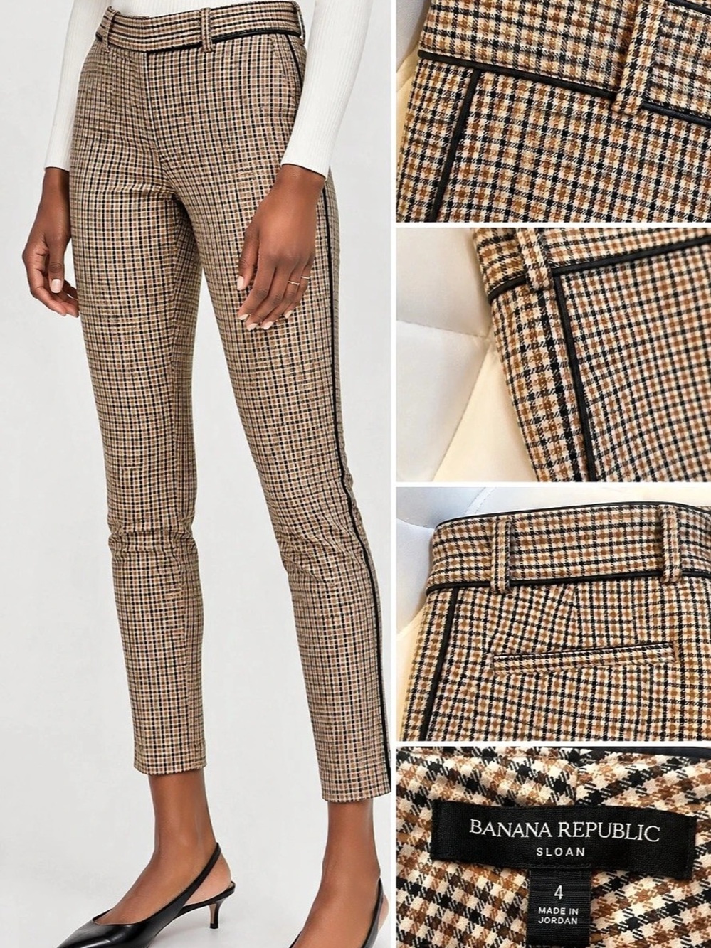 Banana Republic Sloan Brown Plaid Skinny Ankle Pants Piping Size 4